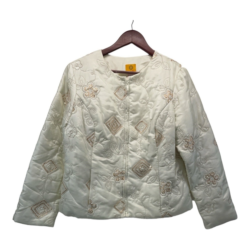 Ruby Rd Woman's Size 12 White Quilted Jacket Full Zip Cream Sequin